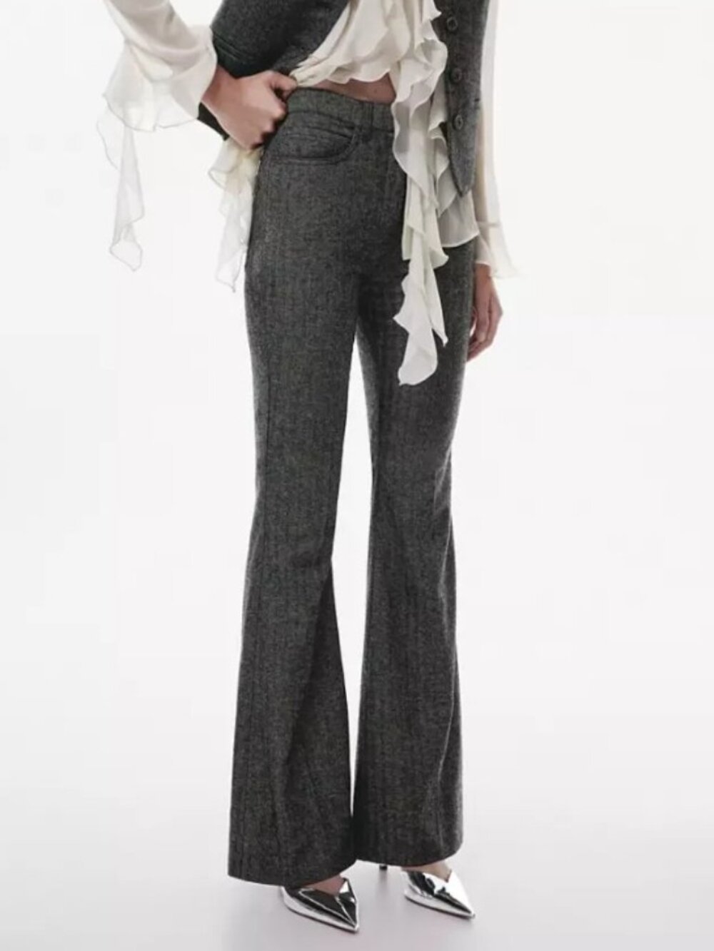 Mango Grey Wool-Blend Herringbone Flared Suit Pants (Mid-Rise) – NWT Size 8
